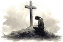Illustration of a young woman praying on the ground with a cross in the background