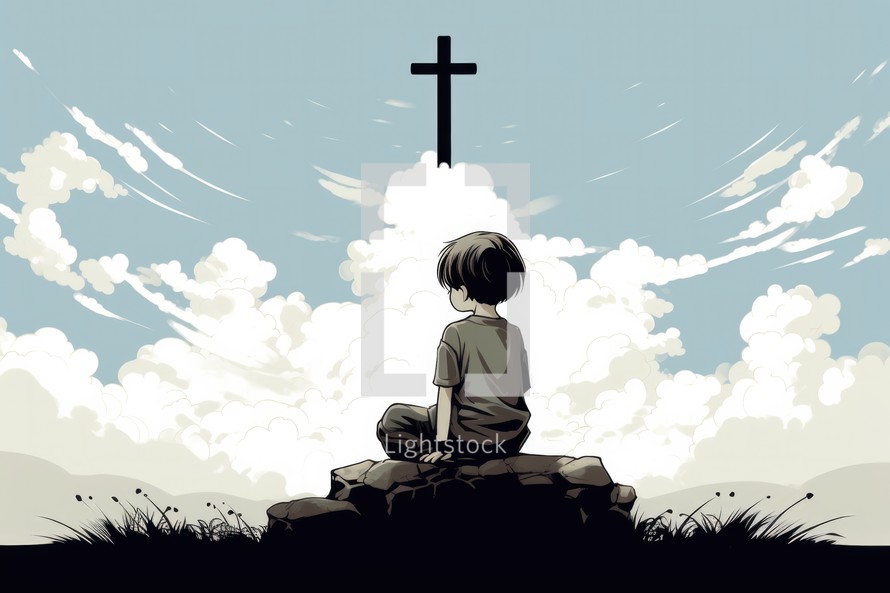 Illustration of a boy sitting and praying on a rock with a cross in the background
