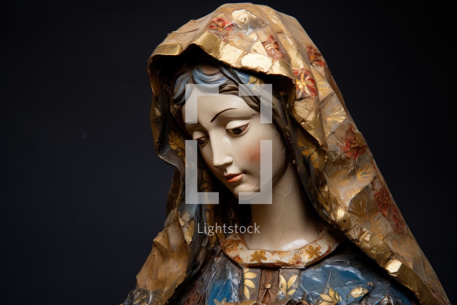 Statue of the Virgin Mary on a black background, close-up