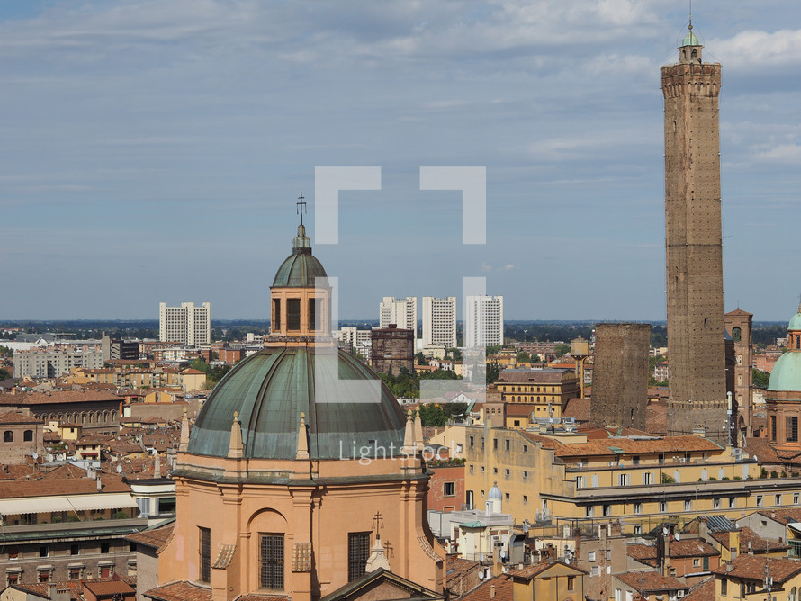Aerial view of the two towers in the city of Bologna, Italy