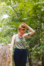 red head, bun, standing, forest, trees, outdoors 