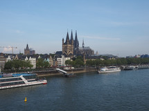KOELN, GERMANY - CIRCA AUGUST 2019: View of the city skyline from the river