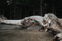 a woman standing on a beach next to driftwood 