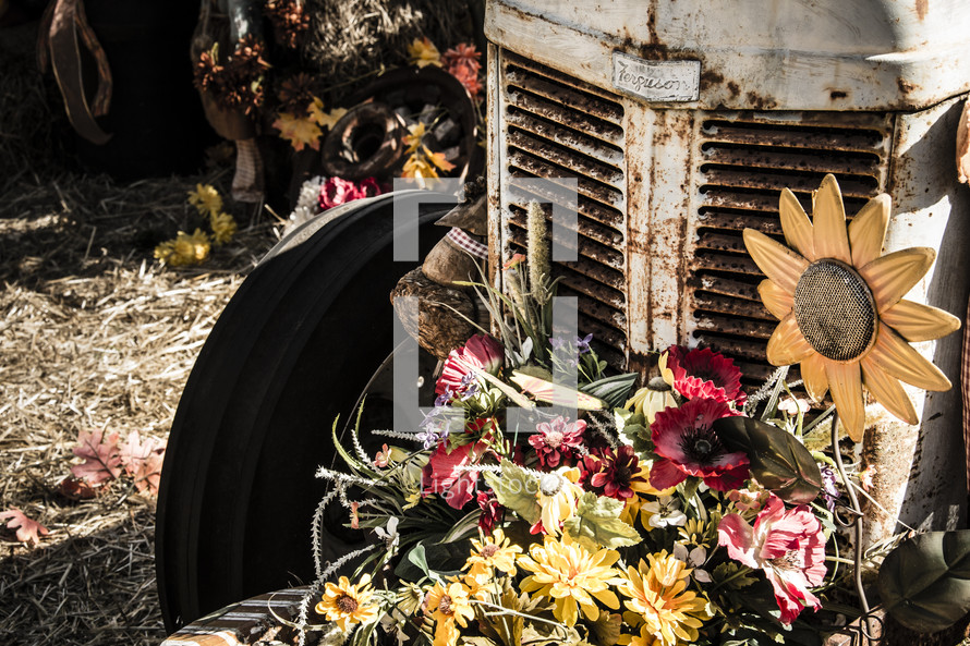 An old rusty tractor covered with flowers.