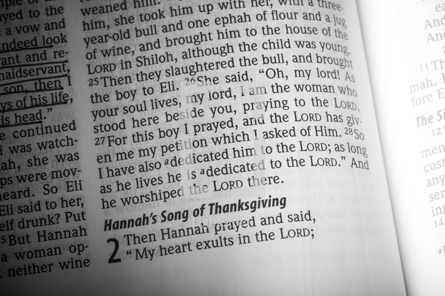 Bible open to 1 Samuel 2 -- Hannah's Song of Thanksgiving.
