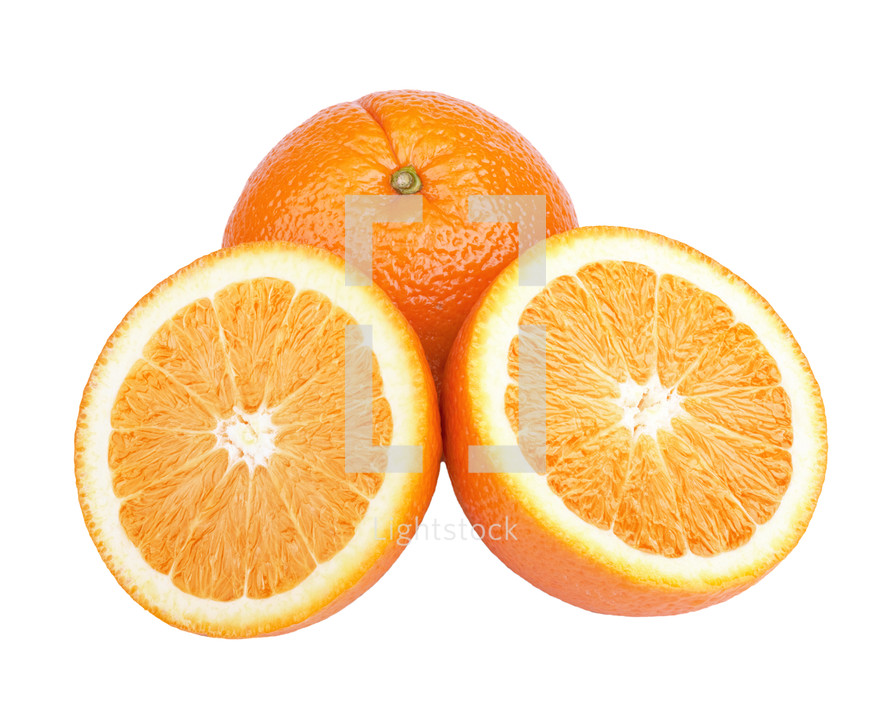 Orange halves and a whole orange.
