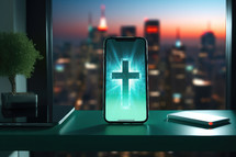 Cross on the screen of a mobile phone. 3D rendering.