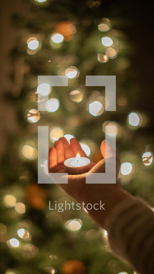 votive candle in a hand in front of a Christmas tree 