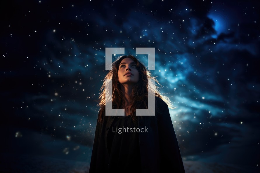 Beautiful young woman with long wavy hair in black cloak standing against starry sky