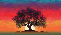 Olive Oil tree art representation with sunset sky. AI Generative