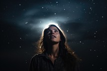 Beautiful young woman with long hair in the night sky with stars