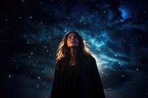 Beautiful young woman with long wavy hair in black cloak standing against starry sky