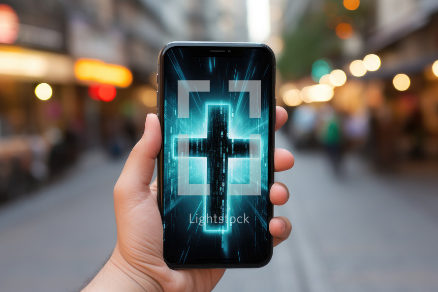 Male hand holding a smartphone with a glowing cross on the screen.