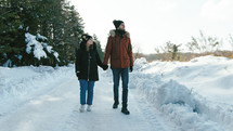 Two lovers walking in the snowy road