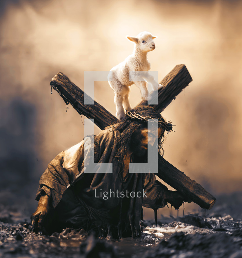 Small lamb on top of the cross of Jesus