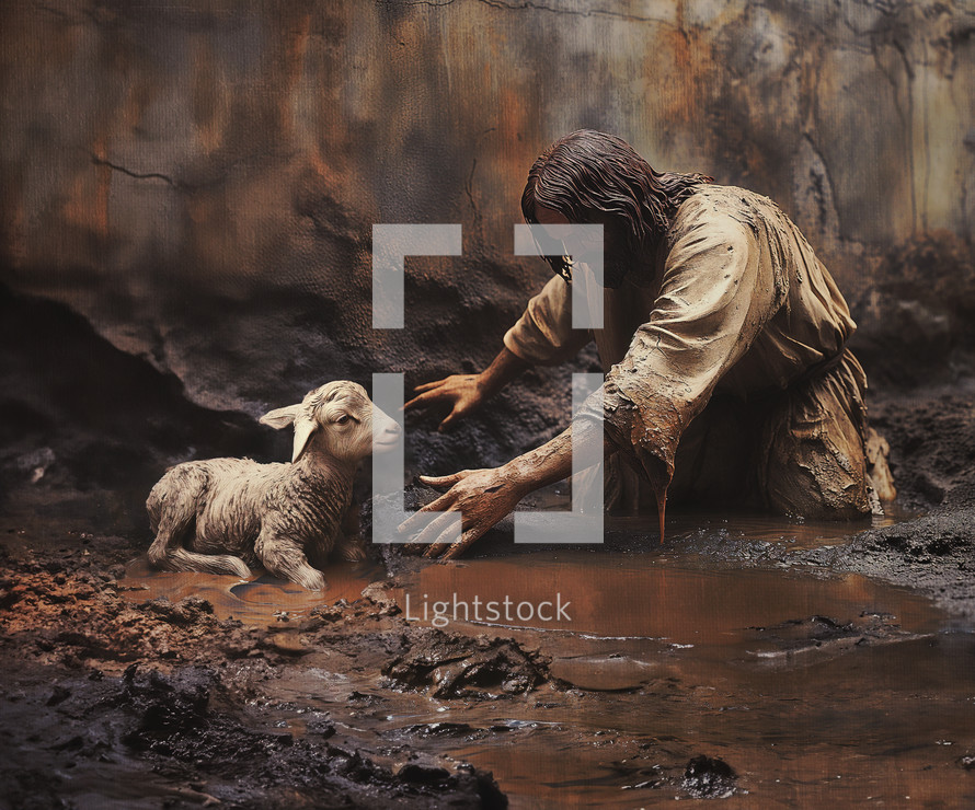 Jesus rescuing a lamb stuck in the mud
