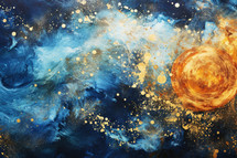 "In the beginning God created the heavens and the earth" Genesis 1:1. Abstract blue and golden watercolor background. Colorful texture for your design.