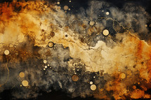 "In the beginning God created the heavens and the earth" Genesis 1:1. Abstract watercolor background with yellow and black spots and stains.