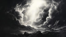 "In the beginning God created the heavens and the earth" Genesis 1:1. Black and white landscape with mountains and clouds