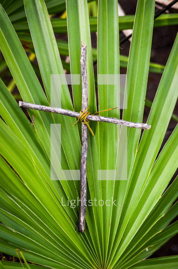 cross made from sticks in a palm frond 