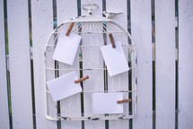 Clothespins clipping whiter pieces of paper to a metal grid on a fence.