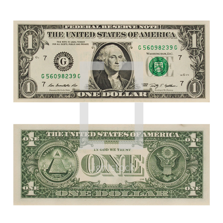 Dollar banknote 1 Dollar currency of the United States isolated over white background