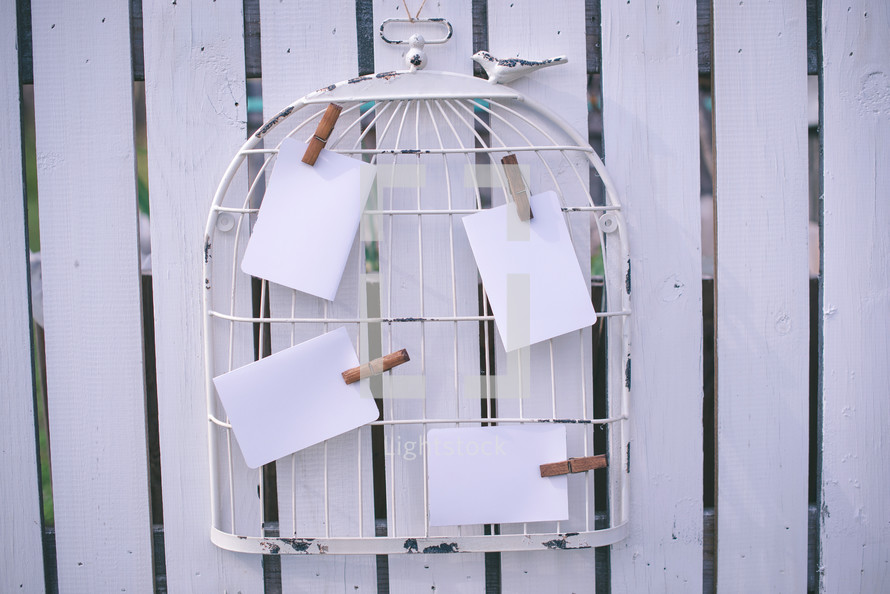 Clothespins clipping whiter pieces of paper to a metal grid on a fence.