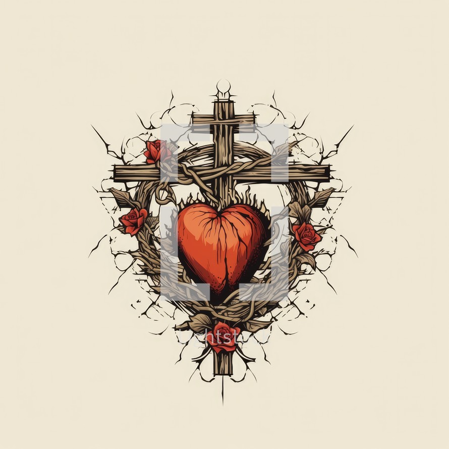 The Sacred Heart, a cross and heart in the crown of thorns. Vector illustration.