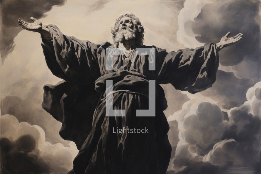 God with clouds in the sky, drawing by oil on canvas