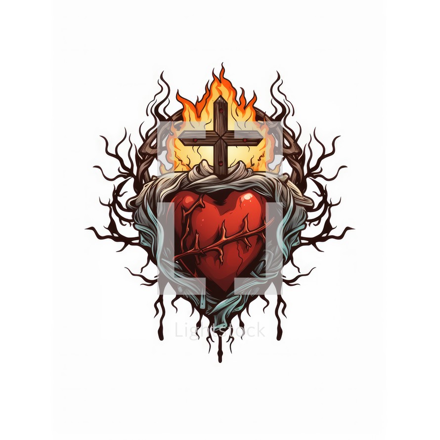 The Sacred Heart, a cross with heart in the crown of thorns. Vector illustration.