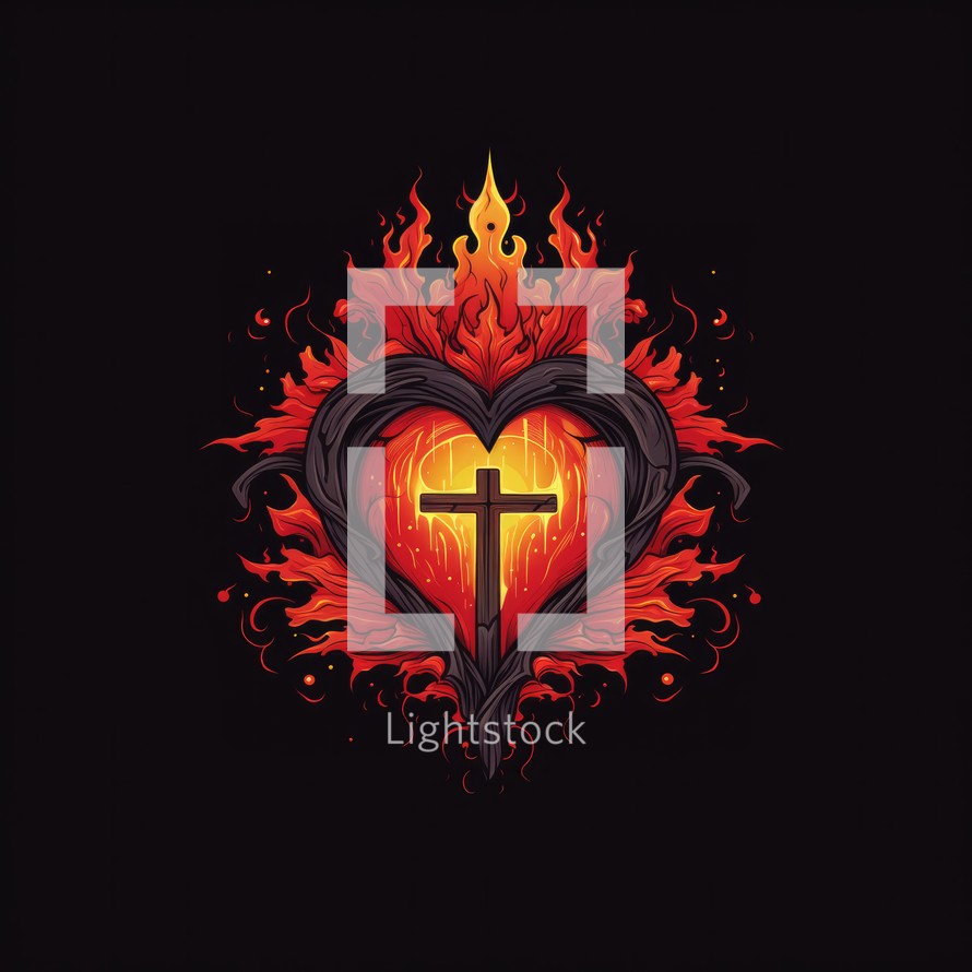 The Sacred Heart, a cross in the shape of a heart with fire flames. Vector illustration.