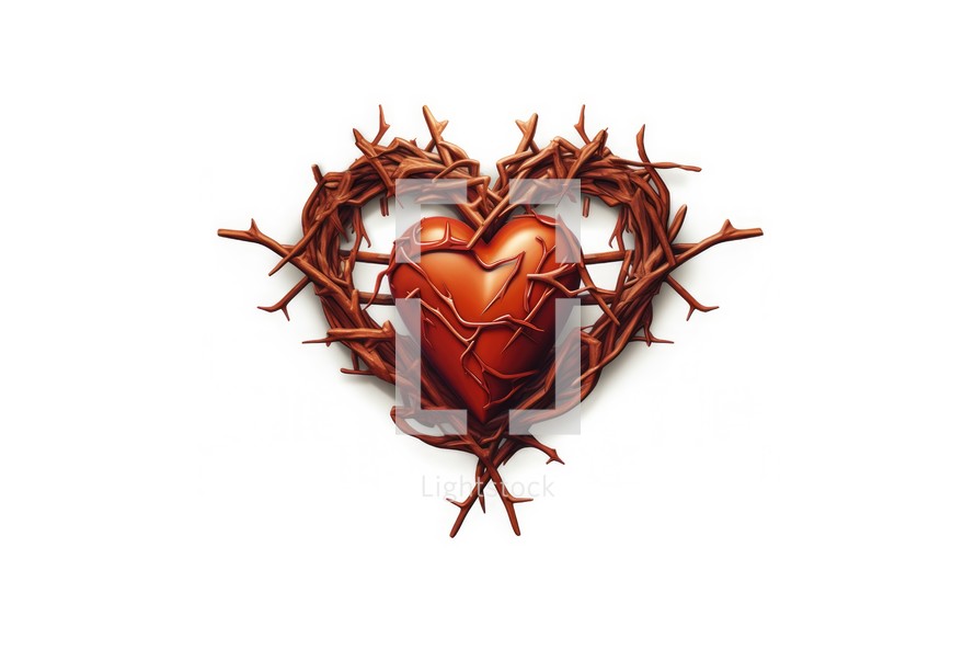 The Sacred Heart, a heart with crown of thorns isolated on white background. 3d illustration