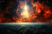 "In the beginning God created the heavens and the earth" Genesis 1:1. Deep space background with stars and nebula