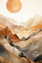 Watercolor mountain landscape with sun and clouds. Illustration.