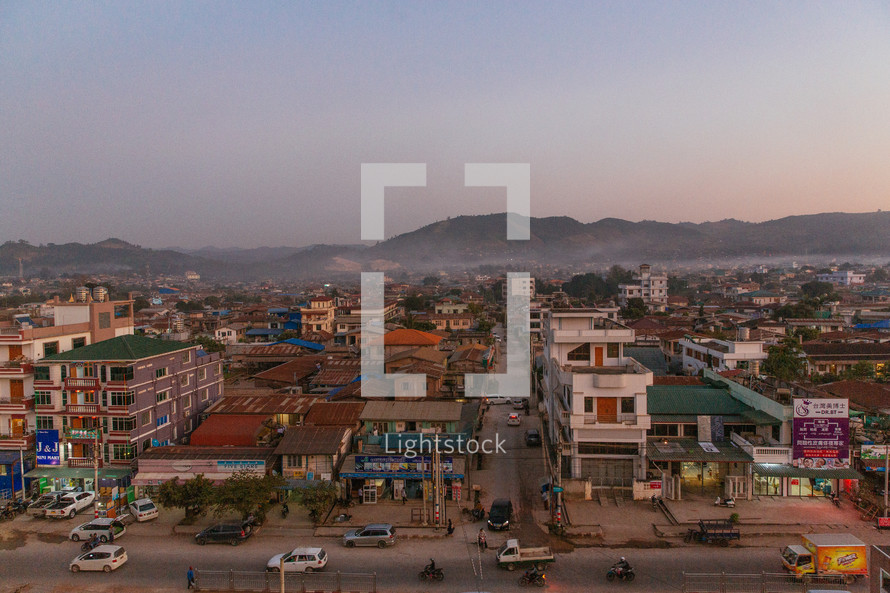 City landscape in Lashio, Myanmer at sunset