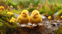Yellow chicks foraging happily.