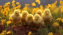 Yellow chicks foraging happily.