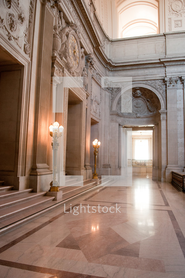 marble floor and decorative stone walls in a grand building 