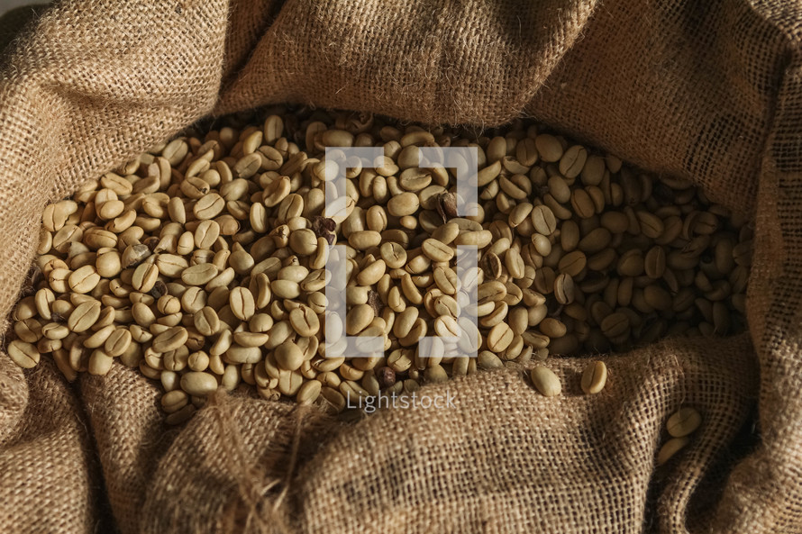 burlap sack of raw coffee beans