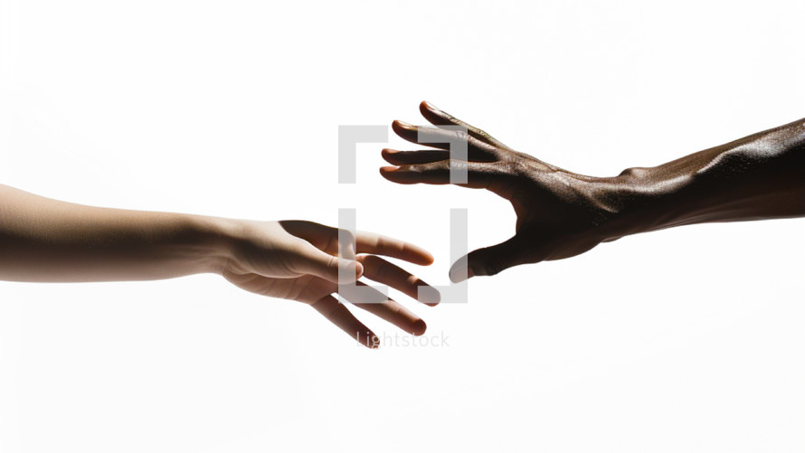 The hands of a white Caucasian and a dark-skinned African man reaching for each other. 