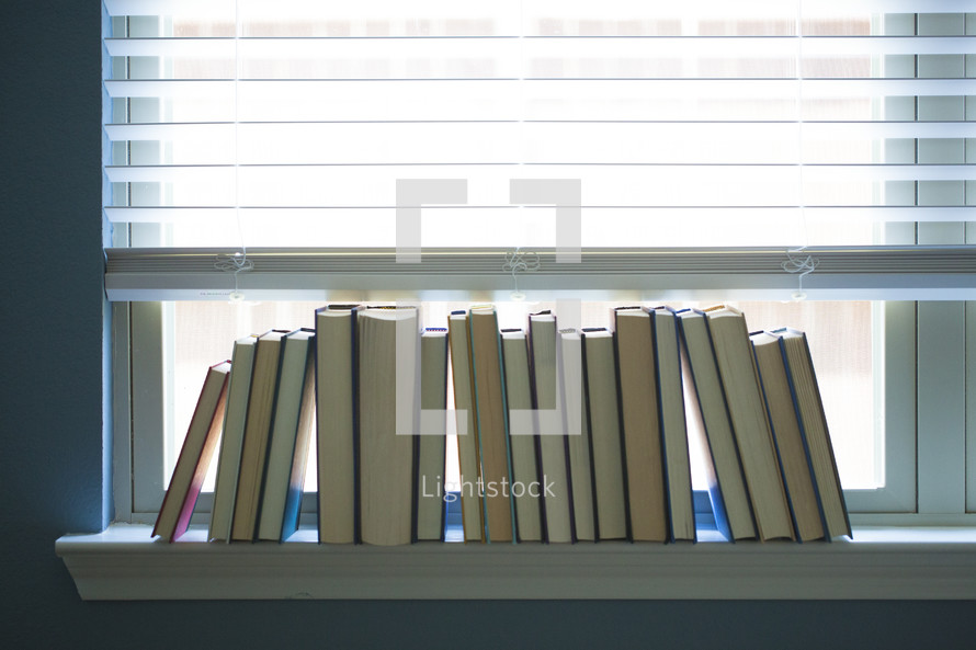 row of books in a window sill 
