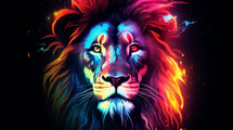 Neon colorfully illustrated lion head. 