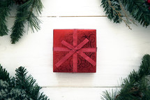 red gift box and pine garland border 