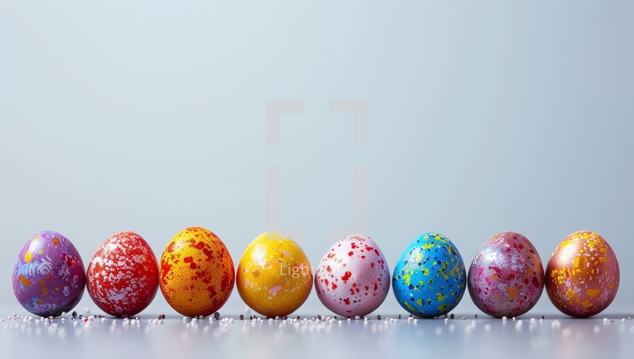Colorful easter eggs on a white background with copy space.