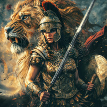 A woman in full armor with a lion behind her.