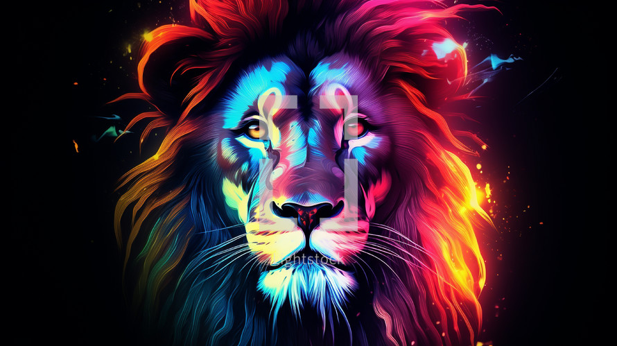 Neon colorfully illustrated lion head. 