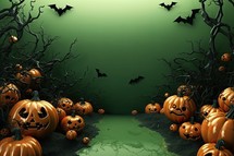 Halloween background with pumpkins and bats. 3D illustration.