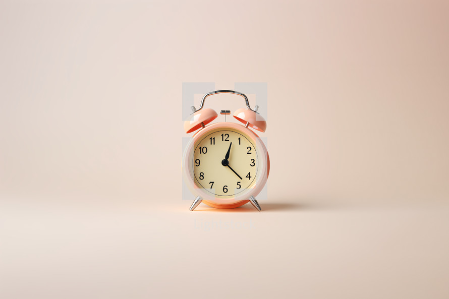A pink retro looking alarm clock on a pink background