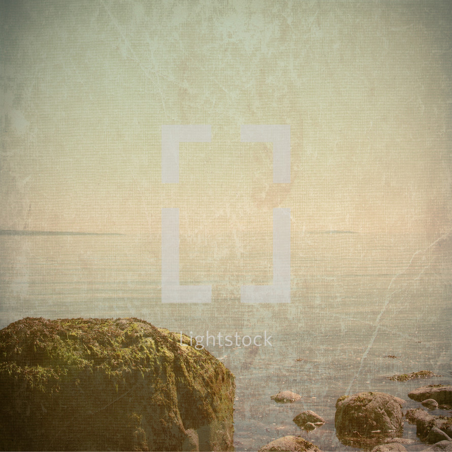 moss covered boulders on rocky ocean shore - vintage grunge for effect