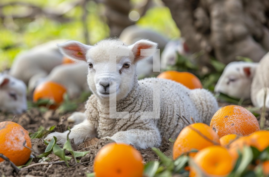 A serene scene of a large group of sheep peacefully laying on top of a vibrant field covered in ripe oranges